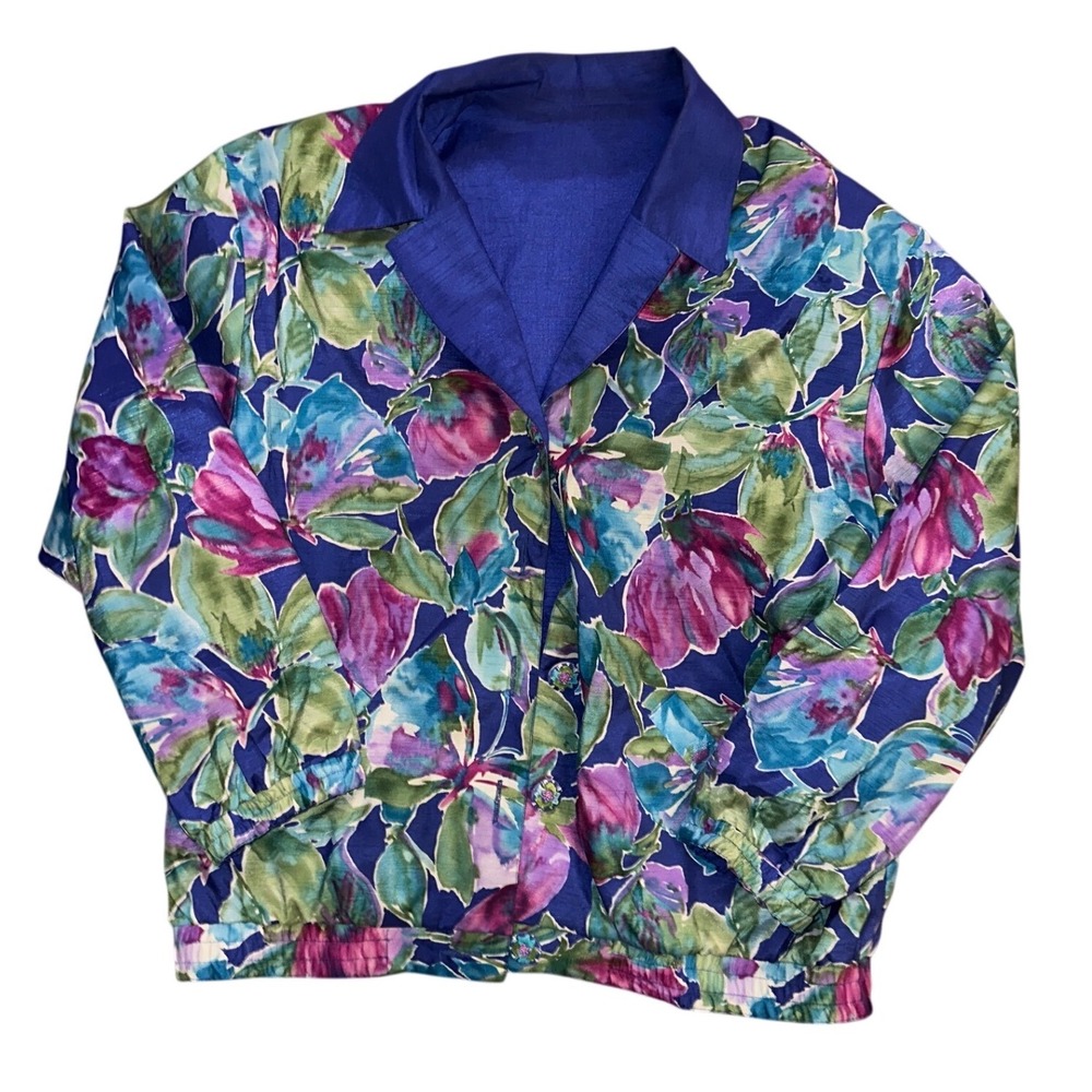 Vintage Floral Bomber Jacket Watercolor Botanical Print Button Front Purple Blue